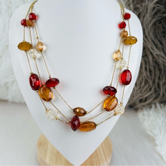 Pretty multi strand, red, clear and orange costume necklace - Picture 3 of 8